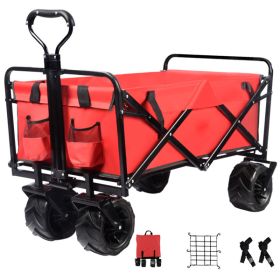 Collapsible Heavy Duty Beach Wagon Cart Outdoor Folding Utility Camping Garden Beach Cart with Universal Wheels Adjustable Handle Shopping (Red)