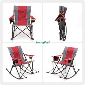 Oversized Rocking Camping Chair, Outdoor Luxury Padded Recliner, Folding Lawn Chair with Pocket, 300 LBS Heavy Duty for Picnic/Lounge/Patio (Color: Red)